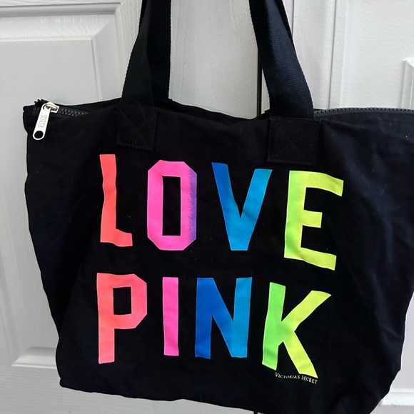 Victoria’s Secret PINK Black LOVE PINK Zippered Tote Beach Bag - Picture 1 of 7